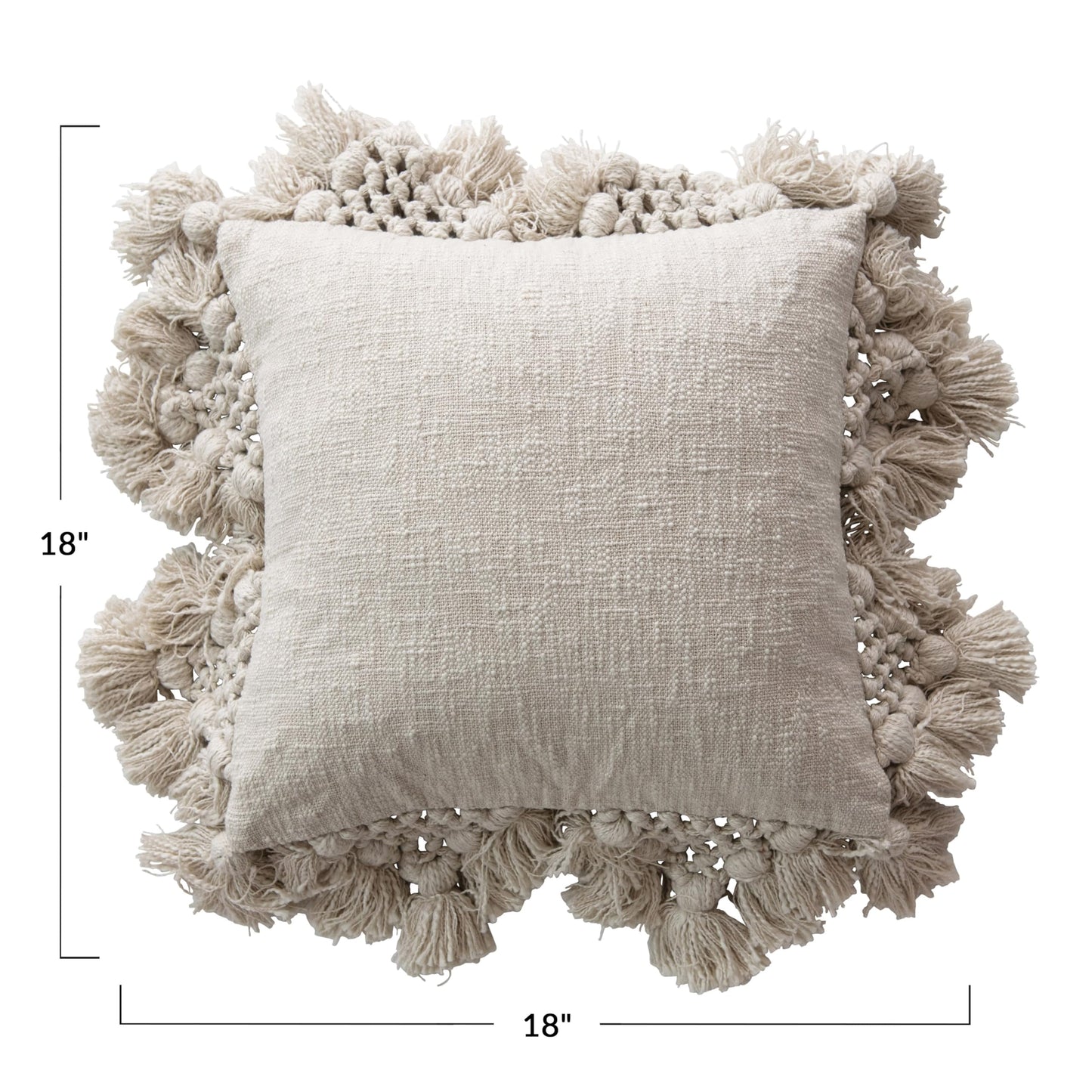 Creative Co-Op Cotton Slub Pillow with Crochet and Tassels, 1 Count (Pack of 1), Cream