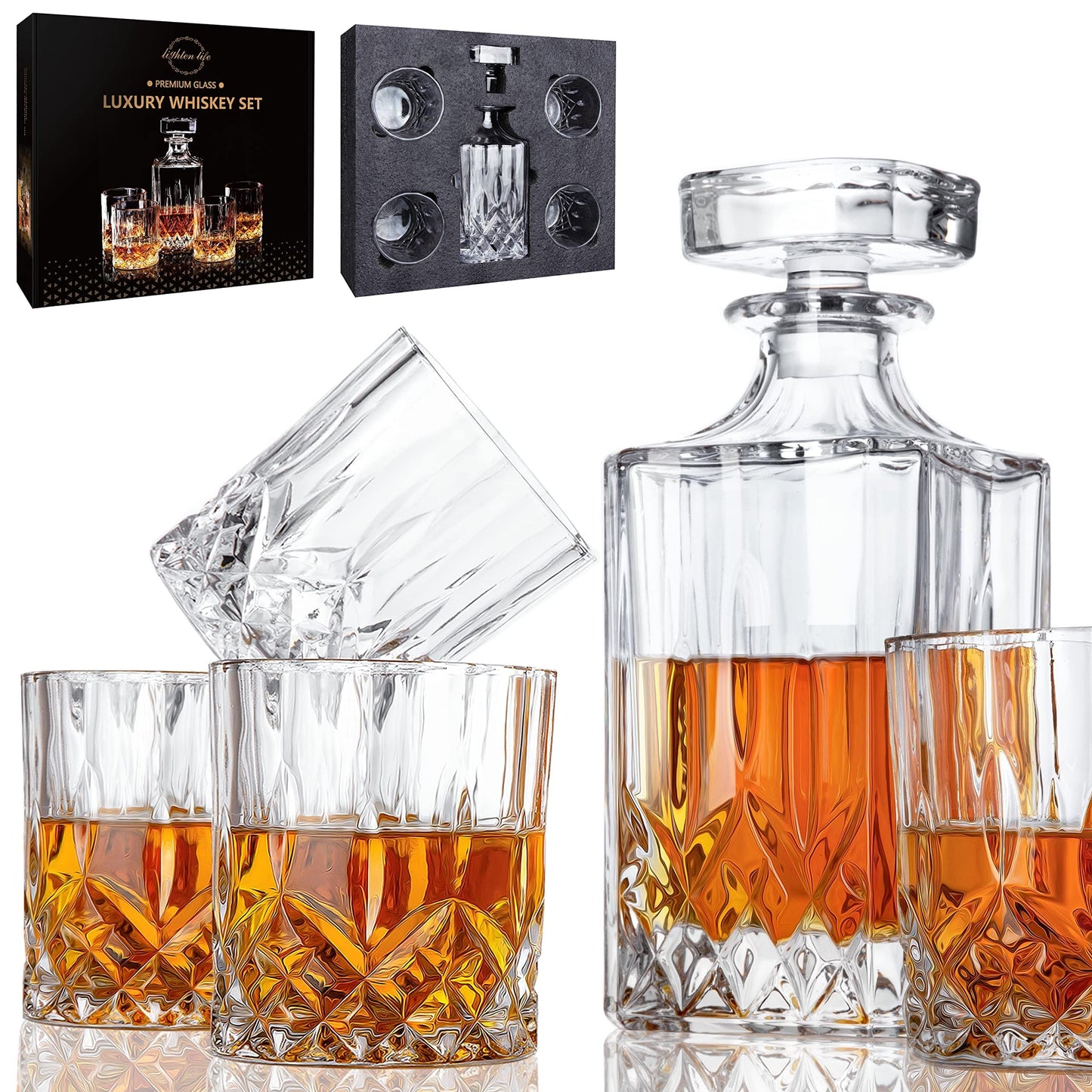 LIGHTEN LIFE Crystal Whiskey Decanter Set for Men - Gift Box With Glasses, Non-Lead Glass for Bourbon and Liquor - Perfect for Dad, Husband, Whiskey Lovers