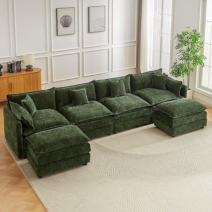 saows Modular Sectional Sofa, 147.2 Inch U Shaped Couch Set with Armrests, 4-Seater Comfy Cloud Couches with Movable Ottoman for Living Room Apartment, Green