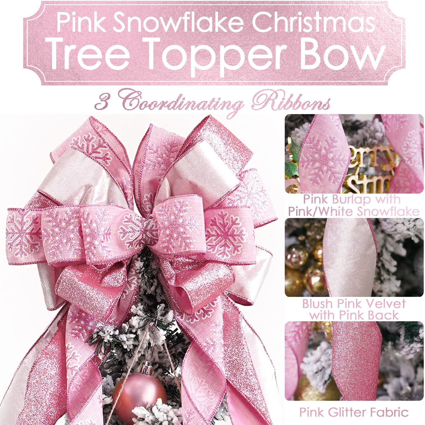 MEEDEE Pink Glitter Christmas Tree Topper - 12" Wide Velvet Bow for Christmas Tree (1 Pack)