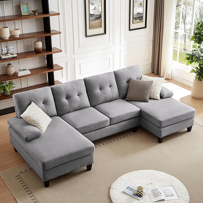 Chireca 111" Sectional Couch for Living Room, Modern Polyester Fibre U Shaped Sofa Couches with Double Chaise, Upholstered 4 Seater Sofa for Living Room, Apartment, Office, Light Grey