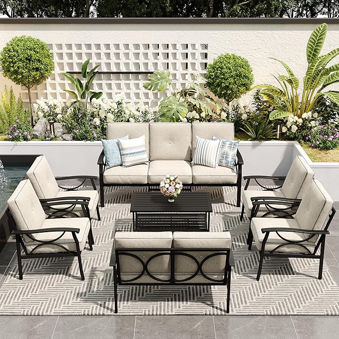 FansaFurn 7-Pieces Outdoor Patio Furniture Set, Outdoor Metal Sectional Furniture with Cushions, Outdoor Conversation Seating Set with Coffee Table for Garden, Balcony, Deck, Backyard, Black