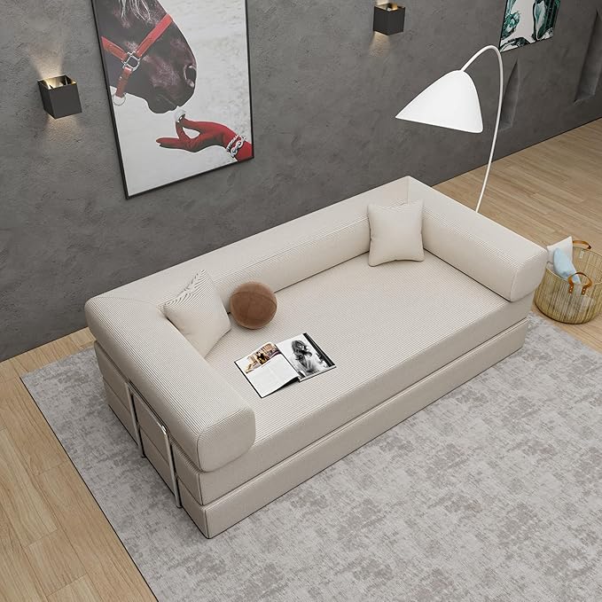 Convertible Couch Sofa Bed Foldable Floor Sleeper | Upgraded ALL High-Density 35D Foam | Fold Out Deep Seat Couch | King Size | Compression Sofa Sleeper for Living Room, Bedroom | Corduroy Beige