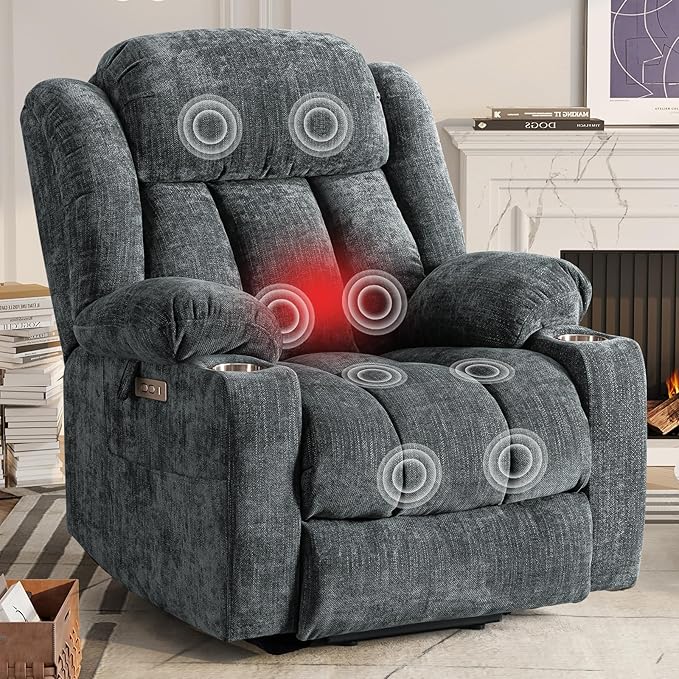 ABCASA Large Power Lift Chairs Recliners for Elderly Set of 2 with Heated and Massage, Upgraded Chenille Lift Chairs Recliners, USB-A and USB-C, Cup Holder, Side Pocket, Grey Blue
