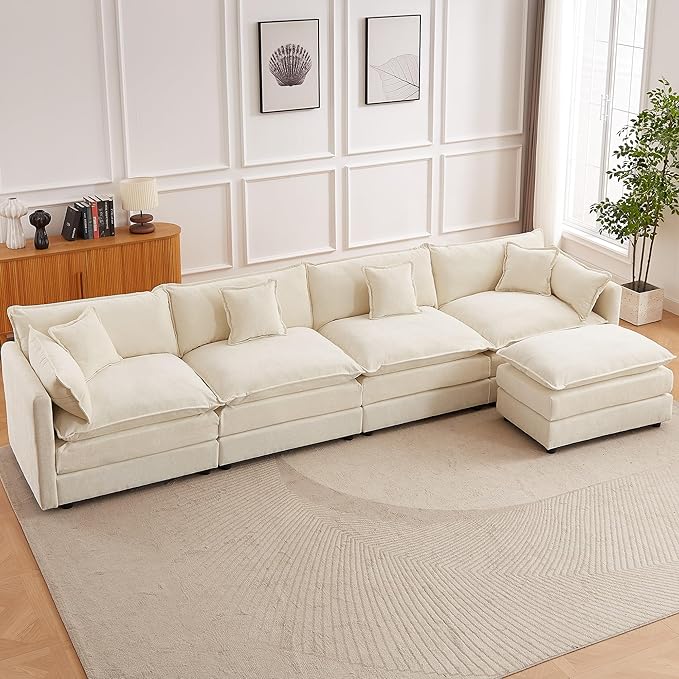 saows Modular Sectional Sofa, 147.2 Inch L Shaped Couch Set with Armrests, 4-Seater Comfy Cloud Couches with Movable Ottoman for Living Room Apartment, Beige
