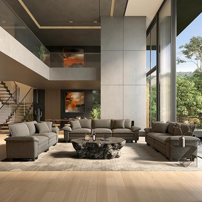 HERA'S HOUSE 3 Pieces Modular Sectional Sofa Sets, Oversized Couch Set with Loveseat and Armchairs, Comfy Cloud Couches with Throw Pillows, 5-Seater Deep Seat Sofa for Living Room, Chenille Ash