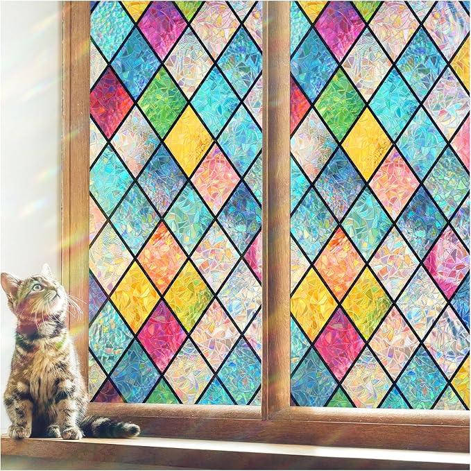 Haton Stained Glass Window Film, Rainbow Window Privacy Film, Decorative Sun Blocking Glass Clings Stickers, Static Cling Colorful Lattice Coverings Decals for Home Door 23.6" x 157.4"