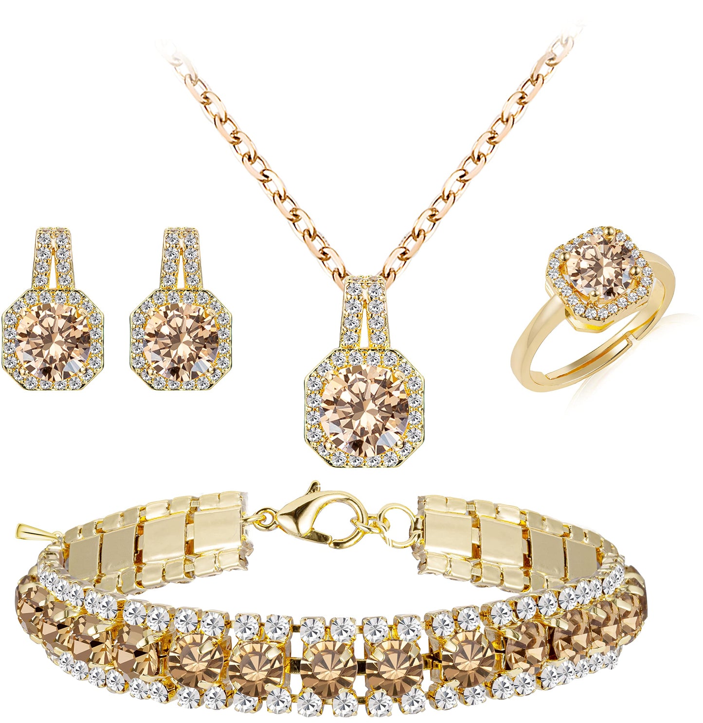 4pcs Cubic Zirconia Wedding Jewelry Sets for Bride Bridesmaid Cubic Zirconia Pendant Necklace Earrings Link Tennis Bracelet Open Ring Set for Women