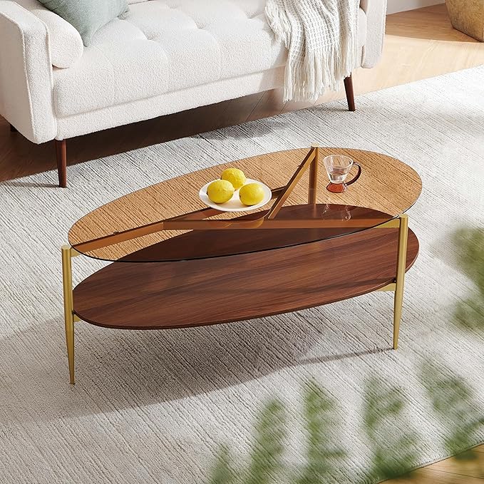 Pine Flicker Oval Coffee Table, Mid-Century Modern Design, Amber Glass Top and Walnut Finish Wood Shelf, Conical Metal Legs with Gold Finish | L43*W21*H17 inch, Fit for Living Room