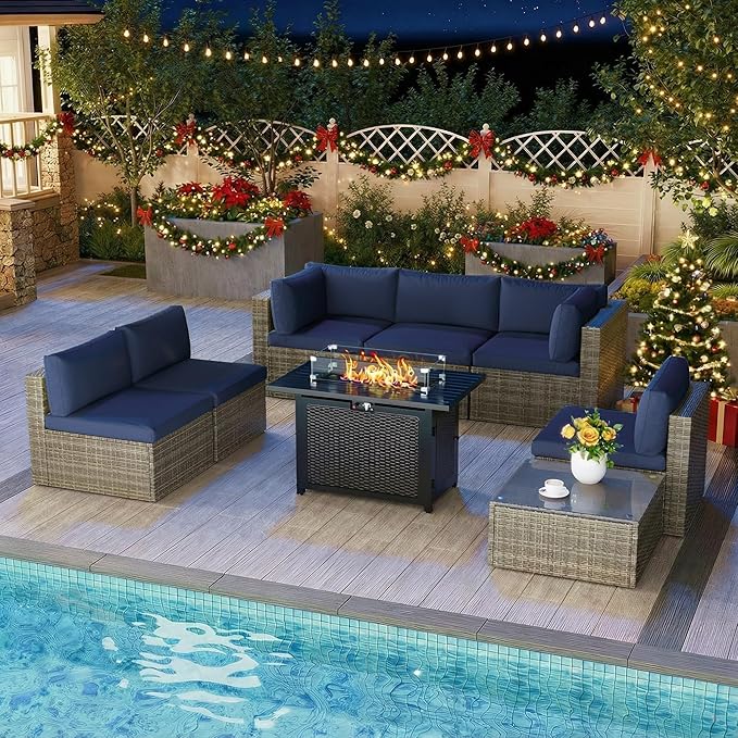 8 Pieces Outdoor Patio Furniture Set with 43" Fire Pit Table, Wicker Outdoor Patio Sectional Sofas Coffee Table, All-Weather Patio Conversation Set with Cushions for Garden Backyard, Navy Blue