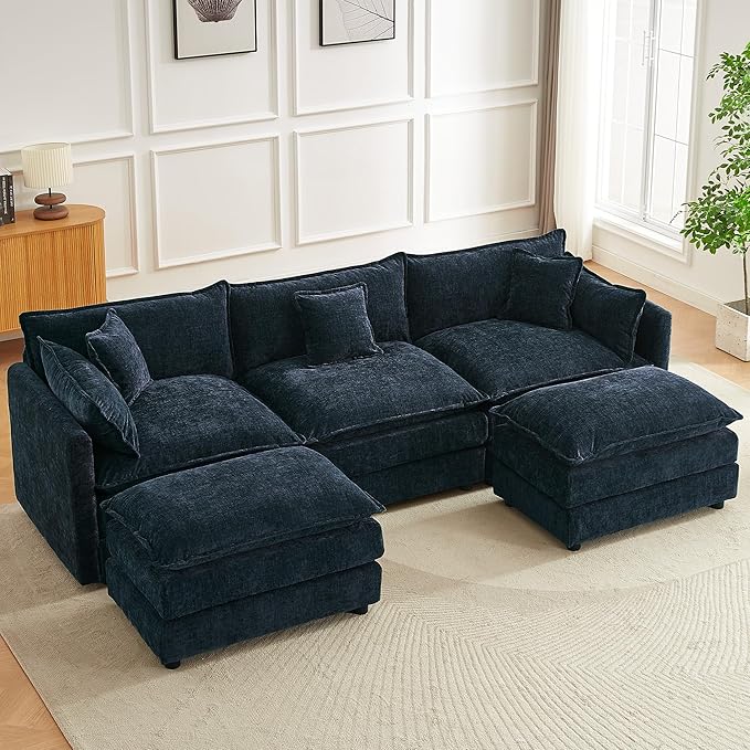 saows Modular Sectional Sofa, 112.2 Inch U Shaped Couch Set with Armrests, 3-Seater Comfy Cloud Couches with Movable Ottoman for Living Room Apartment, Blue