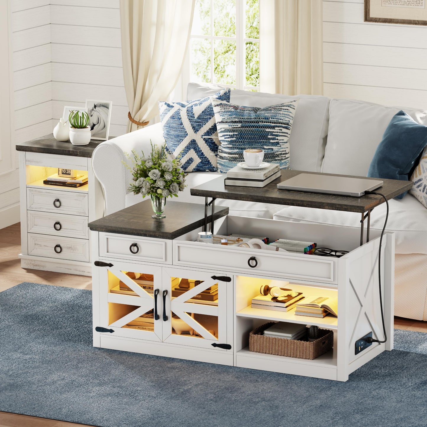 Lvifur 48" Farmhouse Lift Top Coffee Table with LED Lights & Charging Station, Living Room Center Table with 2 Hidden Storage Compartments, Lifting Tabletop and Adjustable Shelf (White)