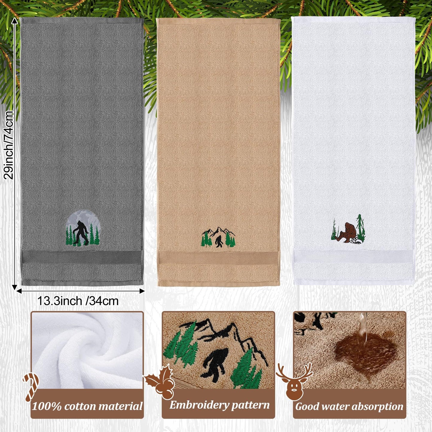 FuWeave 3 Pcs Bigfoot Hand Towels Funny Big Foot Sasquatch Gifts Forest Mountain Embroidered Decorative Bathroom Towels for Bathroom Kitchen Decor, 100% Cotton, 13.3 x 29.5''