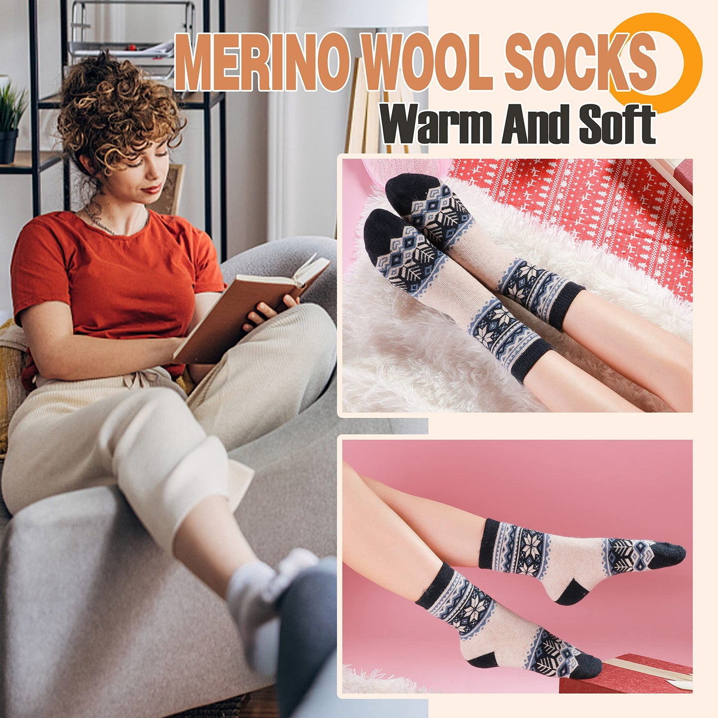 ANTSANG Merino Wool Socks for Women Hiking Warm Thick Thermal Winter Boot Comfy Crew Cozy Cabin Heavy Work Snow Soft Ladies Socks 5 Pairs Christmas Stocking Stuffer White Elephant Gifts (Snowflake A)