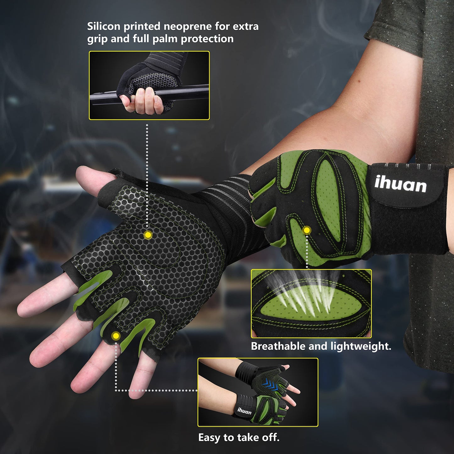 ihuan Ventilated Weight Lifting Gym Workout Gloves with Wrist Wrap Support for Men & Women, Full Palm Protection, for Weightlifting, Training, Fitness, Hanging, Pull ups (Dark Green, S)