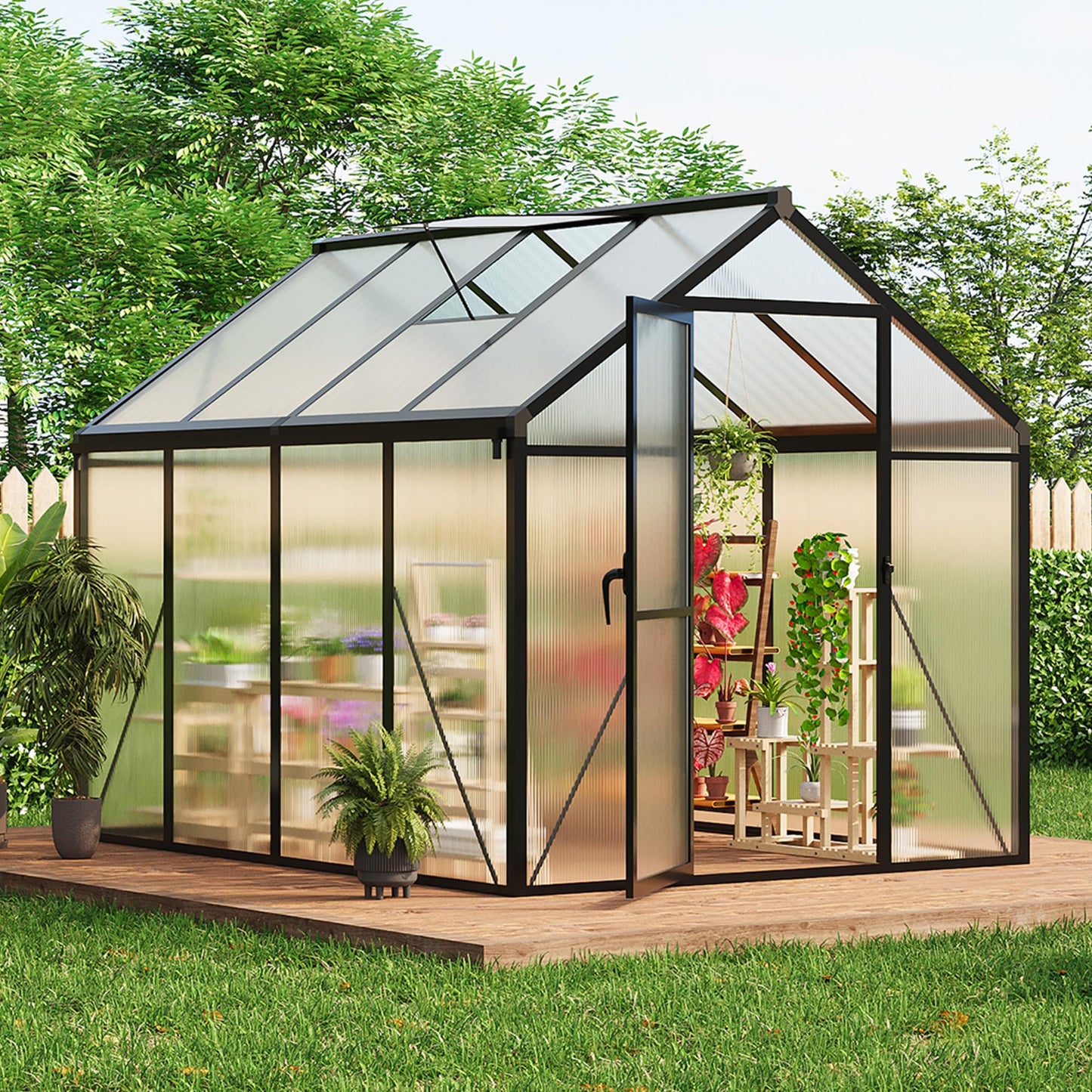 6 X 8 FT Greenhouse, Outdoor Greenhouses, Polycarbonate Panels with Aluminum Frame, Adjustable Roof Vent and Lockable Door, Green Houses for Outside Backyard, Garden, Patio