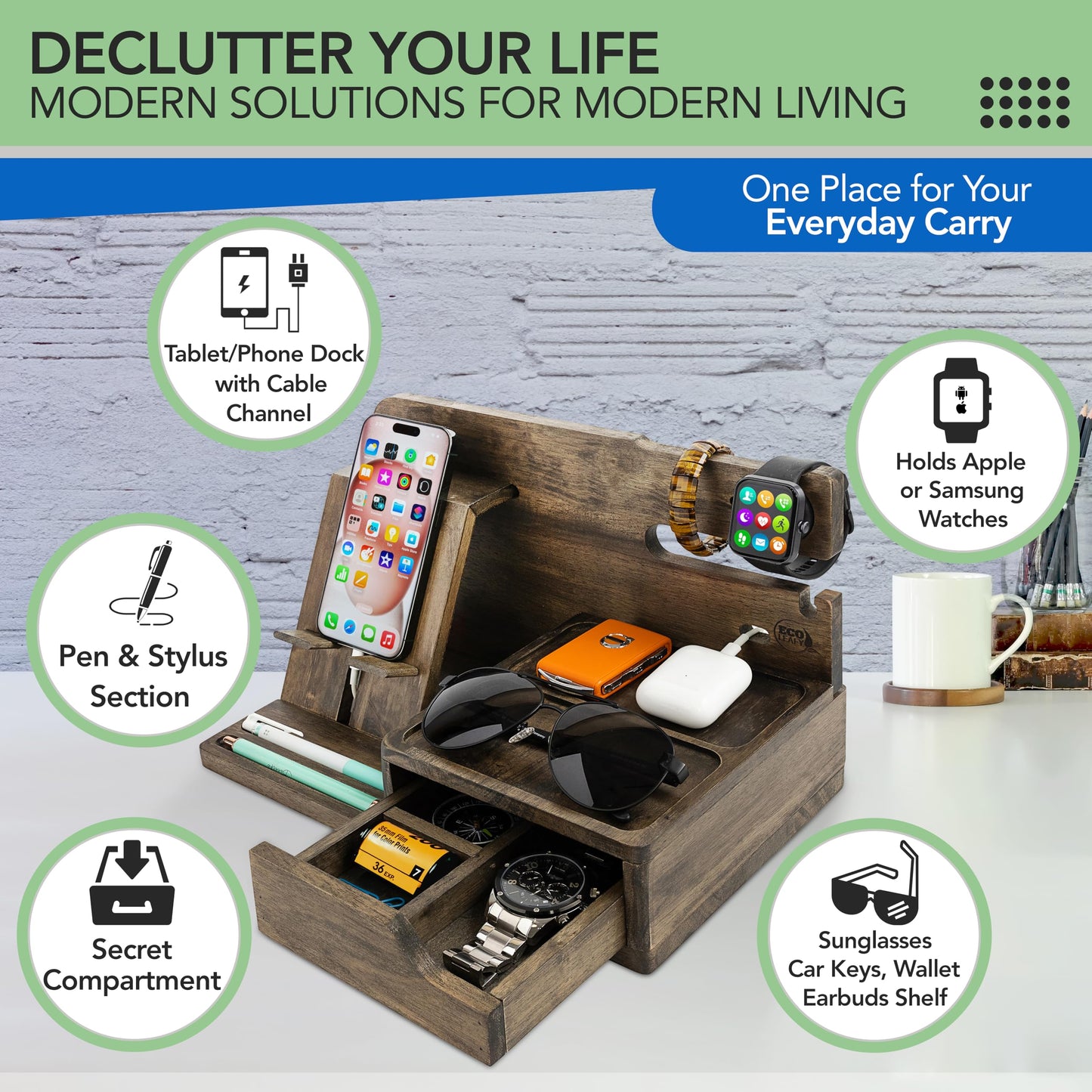 EcoLeafy Dot Nightstand Organizer- Bedside Docking Station for Men- Unique Gifts for Husband, Father or Dad from Wife, Son or Daughter- Desk Organizer for Phone, Watches, Wallet & Accessories (Rustic)