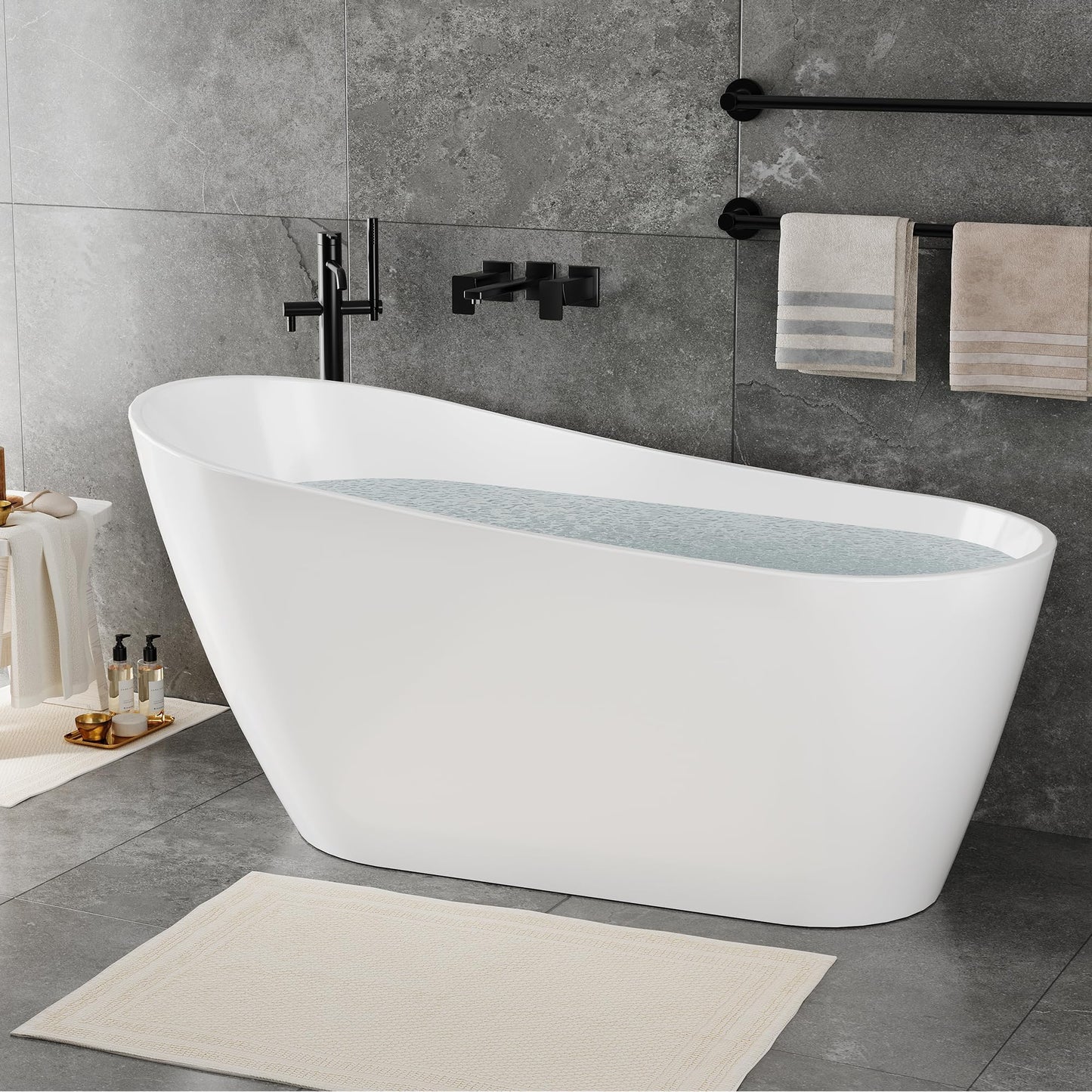 59" Acrylic FreeStanding Tub, Contemporary Deep Soaking Bathtub with Integrated Water Bypass and Drain, Gloss White Stand Alone Bath Tub, cUPC Certified Floor-Mounted Fixture, Gloss White
