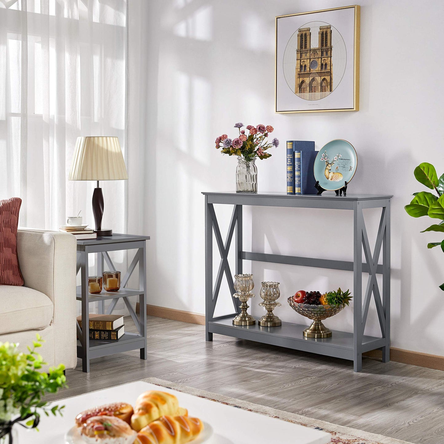Yaheetech Console Table for Entryway, 2 Tier Narrow Sofa Table Bookshelf Accent Tables w/Storage Shelf, Living Room Entry Hall Foyer Tables Furniture, Grey