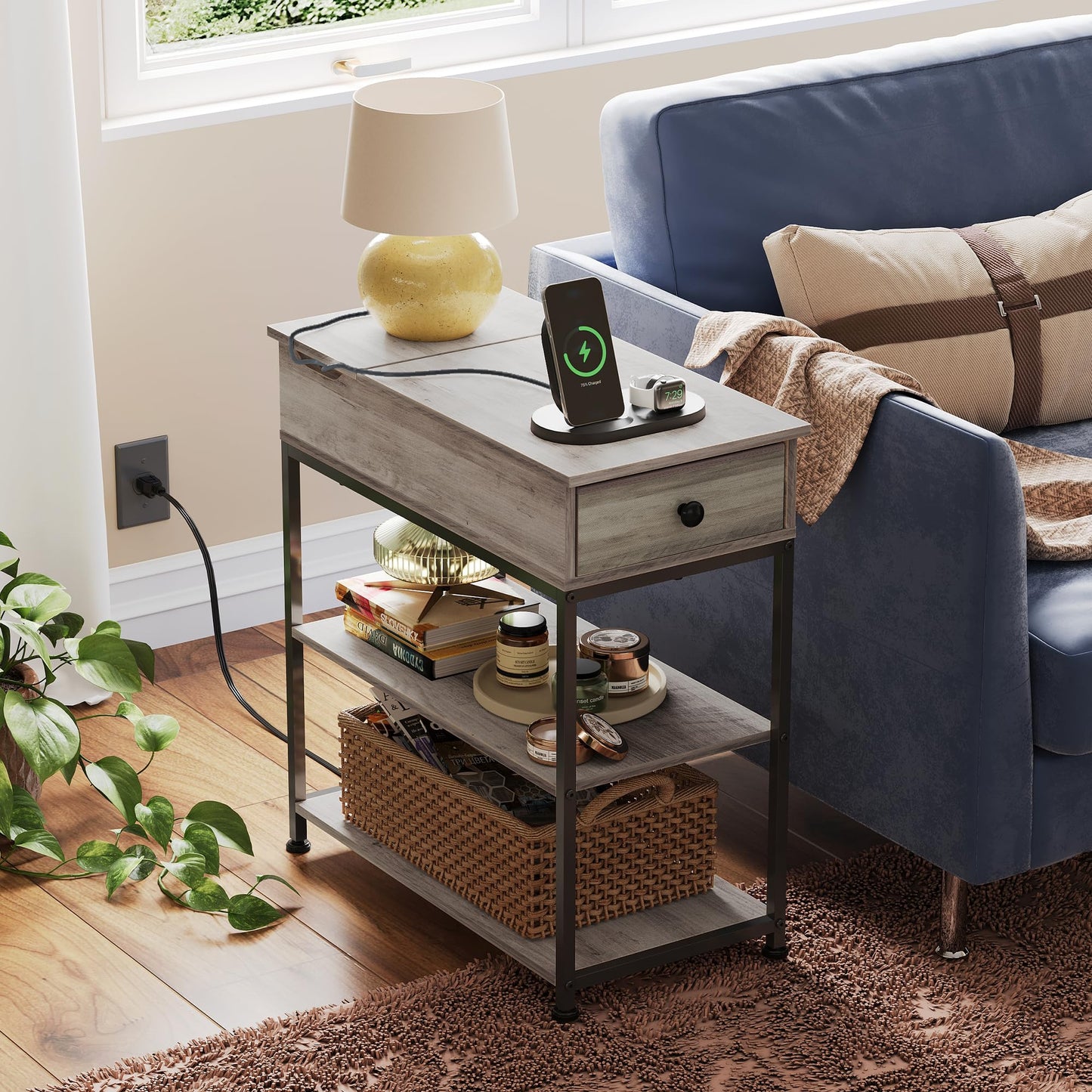 WLIVE Side Table, Narrow Side Table with Charging Station, 2 USB & AC Outlets, Space-Saving End Table for Living Room, Sofa Bedside Table with Fabric Drawer, Grey Oak