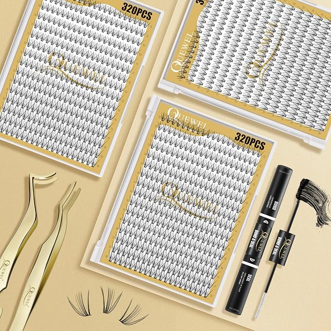 QUEWEL Lash Clusters 320Pcs Cluster Lashes 20D C Curl Lash Cluster Eyelash Extensions Mix12-18mm Individual Eyelashes Clusters Wispy Lash Clusters Thin Band Soft to Use at Home (20D C Mix12-18)