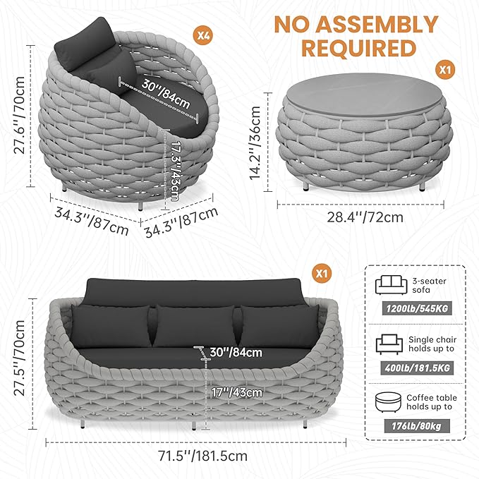 Erotr Aluminum Outdoor Couch Set: 6 Pieces Woven Rope Patio Conversation Set - Metal Modern Porch Furniture Sofa Set - All Weather Assembled Deck Seating for Courtyard Backyard Rooftop Hotel Resort