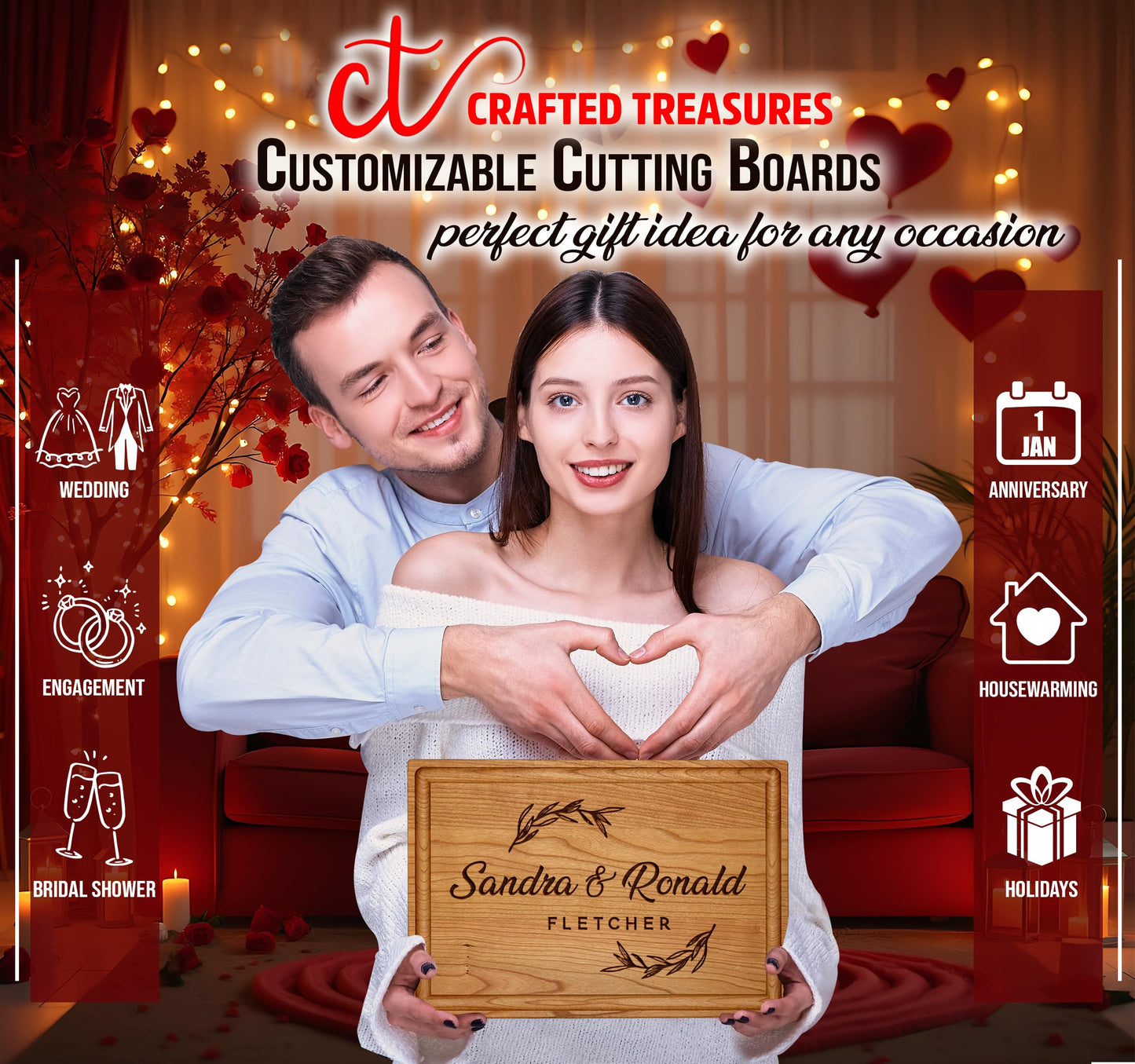 Crafted Treasures Customized Cutting Boards - Personalized Wedding Gift for Couple - Custom Engraved Charcuterie Board - Best Present Idea for Bride, Bridal Shower, Housewarming,Anniversary,Christmas