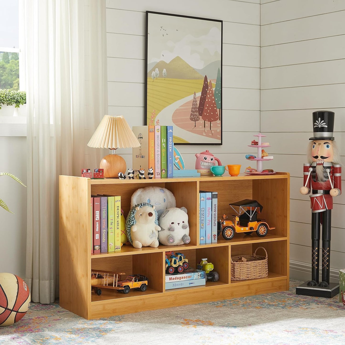 Toy Organizers and Storage, 5-Section Kids Bookshelf for Organizing Books Toys, School Classroom Wooden Storage Cabinet for Children's Room, Playroom, Nursery (Natural)