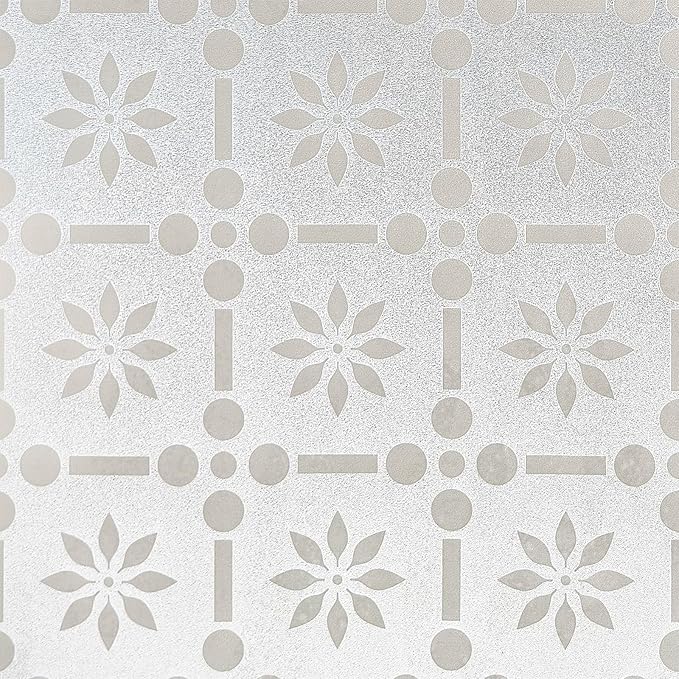 Window Privacy Film, Frosted Glass Decorative Static Cling, Removable Sun Blocking Vinyl Covering,Window Film for Home Kitchen Living Room Bathroom, Floral Grid, 17.3" x 78.7"