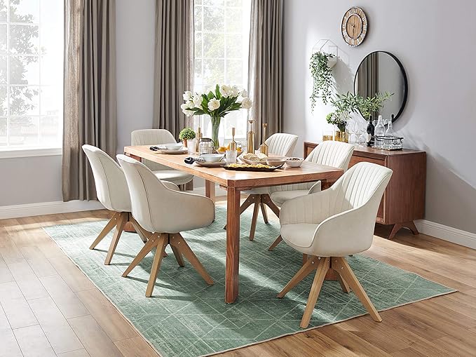 Art Leon Mid Century Modern Dining Chair - Fabric Upholstered Swivel Dining Chair, Kitchen Dining Room Chair with Oak Wood Legs, Leisure Side Chair with Arms, Off White