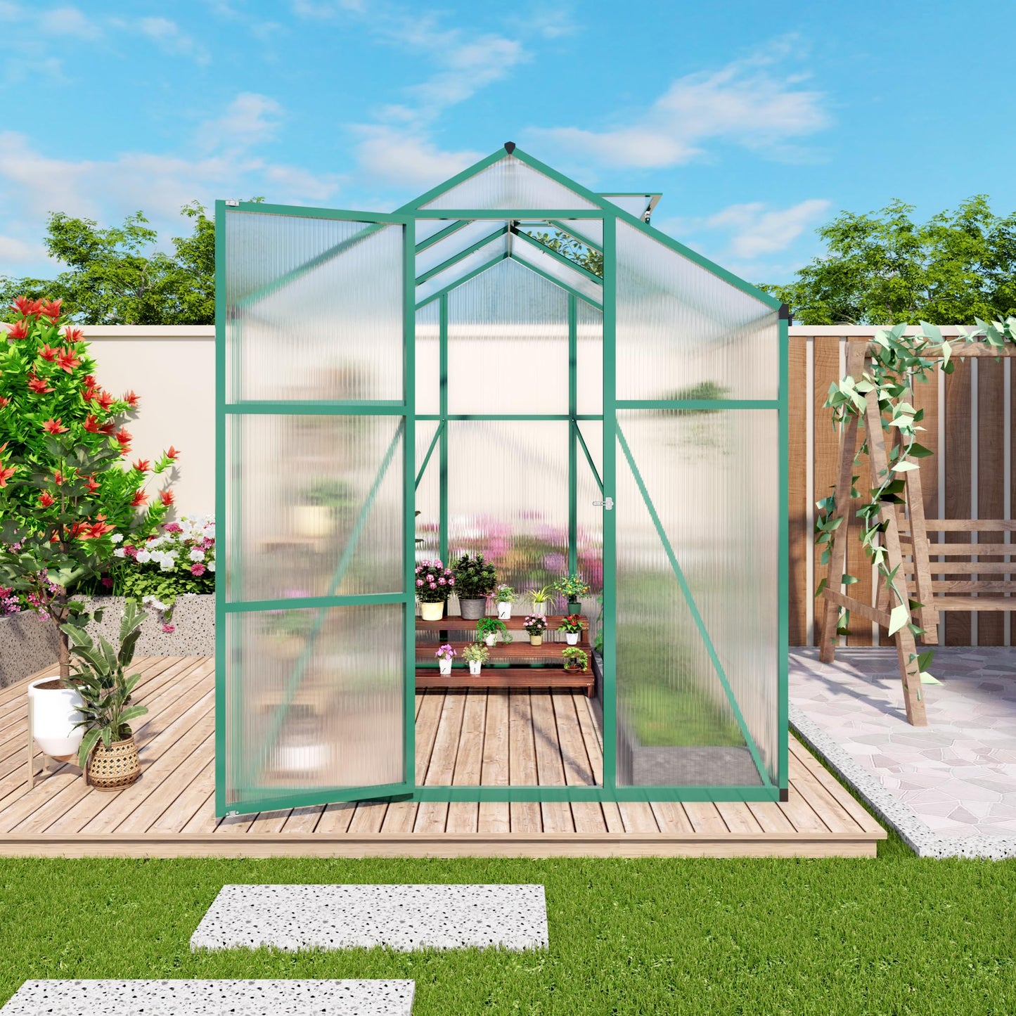 6x10FT Walk-in Polycarbonate Greenhouse Kit, Heavy Duty Aluminum Alloy Frame Green House with Ventilation & Drainage System, UV Resistant Plant Shelter Outdoor Garden Backyard All Season Use