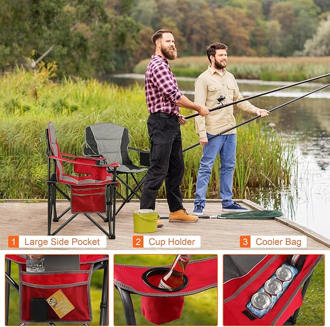 LANMOUNTAIN 2 Pack Padded Oversized Camping Chairs for Adults,Heavy Duty Support 400 Lbs,Folding Portable Lawn Chair w/Cup Holder,Cooler Bag,Side Pocket,Perfect for Outdoor Picnic,Hiking(Red&Black)