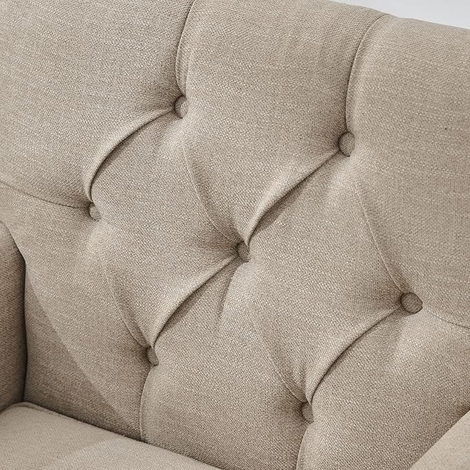 HUIMO Tufted Club Chair,Accent Chair with Lumbar Pillow, Upholstered Button Armchair, Linen Fabric Sofa Chairs for Bedroom, Living Room, Mid Century Modern with Studded Reading Chair Brown