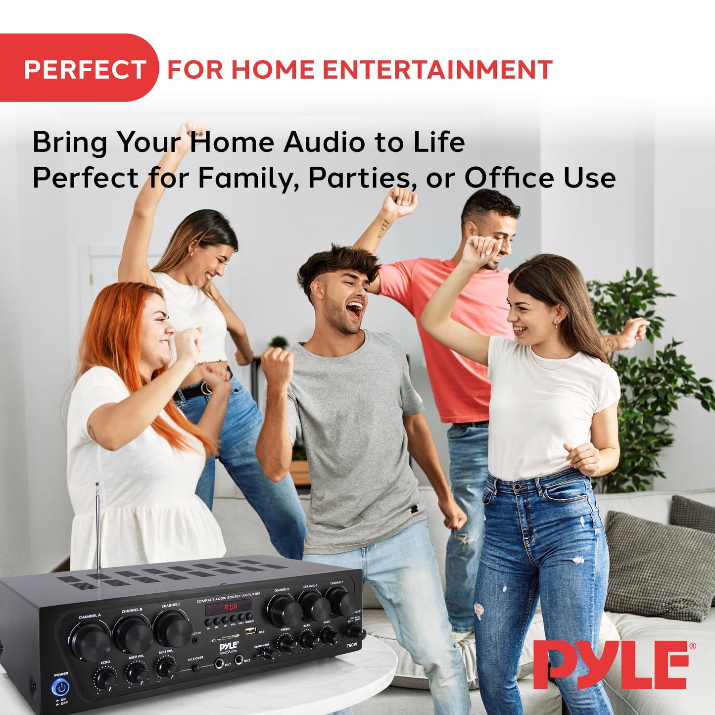 Pyle Bluetooth Wireless Home Amplifier System - Upgraded 6 Channel Audio, 750 Watt Power, Easy Karaoke, Stereo Receiver w USB-A, Micro SD, Headphone, 2 Microphone Input w/Echo, Talkover for PA