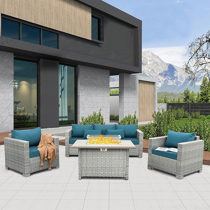 WAROOM Patio Furniture Set 4 Piece Wicker Conversation Sets PE Rattan Chair Outdoor Couch Sectional Sofa with Fire Pit Table, Peacock Blue Cushion