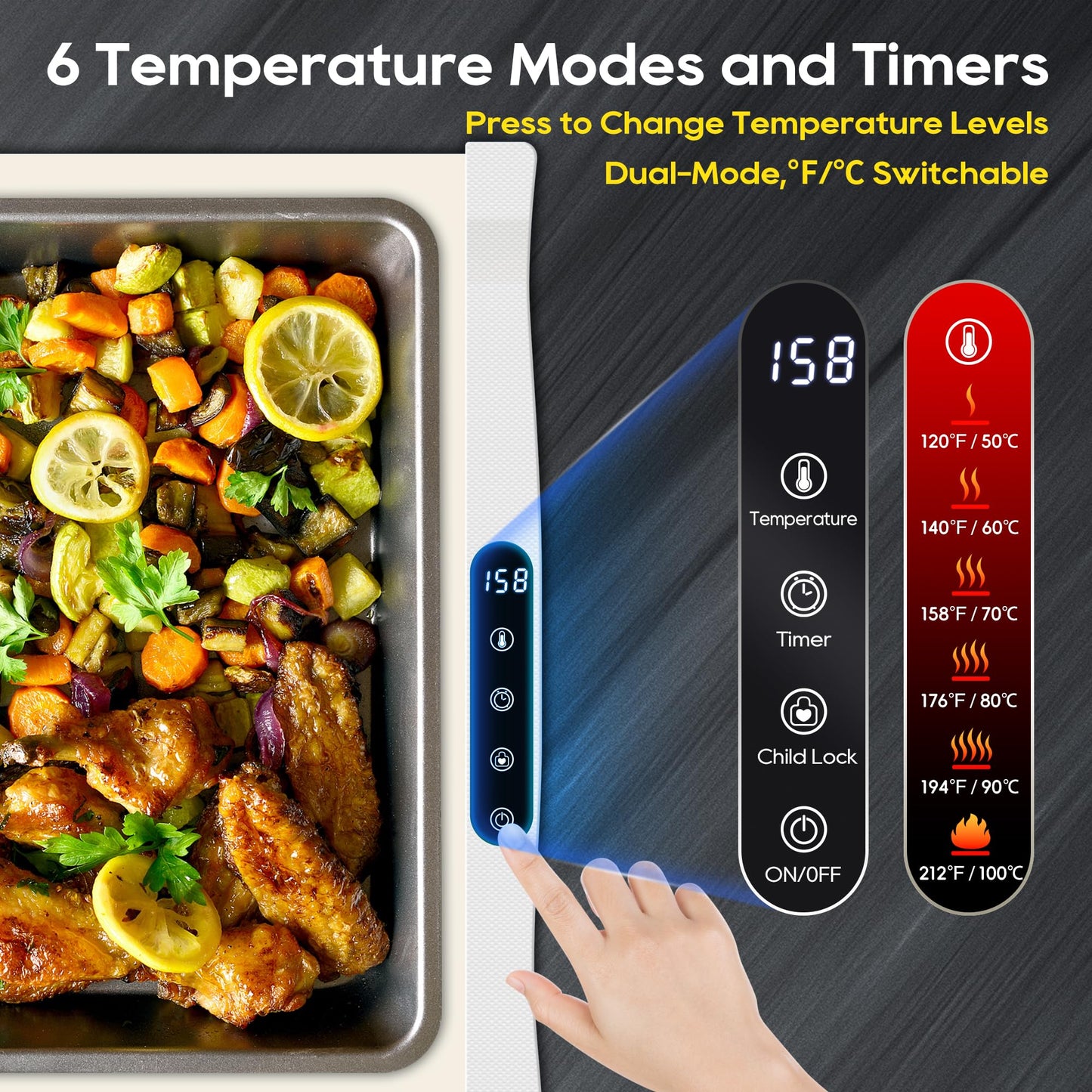 VIPDIGI Food Warming Mat, Large Electric Warming Tray, Silicone Fast Heating Warmer Pad, 6 Temp Adjustable, 6 Timer & Safety Lock, Auto Shut-Off for Countertops Buffets Party White
