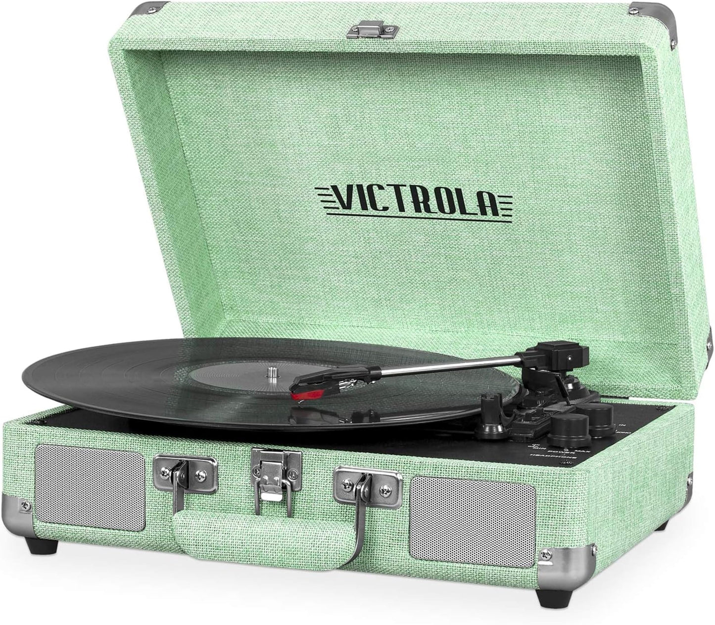 Victrola Journey Bluetooth Portable Suitcase Record Player - with Built-in Speakers 3 Speed Vinyl Record Player RCA Out Headphone Jack (Light Mint Green Linen)-New