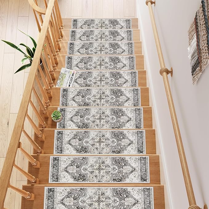 OJIA Stair Treads Non Slip for Wooden Steps Indoor 15PCS Carpet Stair Treads, Rubber Backing Stair Carpet Treads, Residue Free 8"x30" Staircase Step Treads Edging Stair Rugs for Kids & Pets, Gray