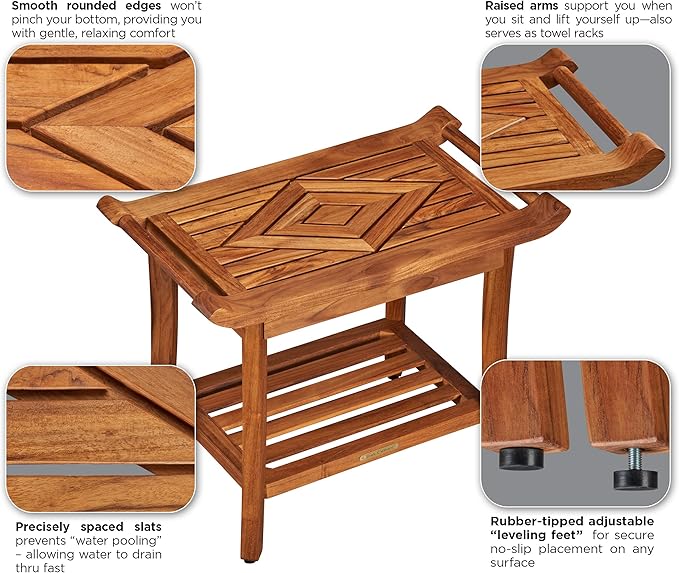 Luxury Teak Shower Bench Stool Seat Chair with Leveling Feet, Waterproof, Teak Oil Finish, Large, 25x19x14, for Bathroom, Spa, Sauna, Pool Deck, Patio, Garden, RV, from Our Diamond Collection