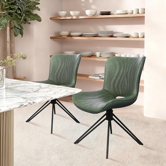 VATROS Dining Chairs Set of 2, 360° Swivel Armless Faux Leather Accent Chairs with Padded Back and Metal Legs, Mid-Century Modern Kitchen, Dining Room, Living Room, Bedroom Green