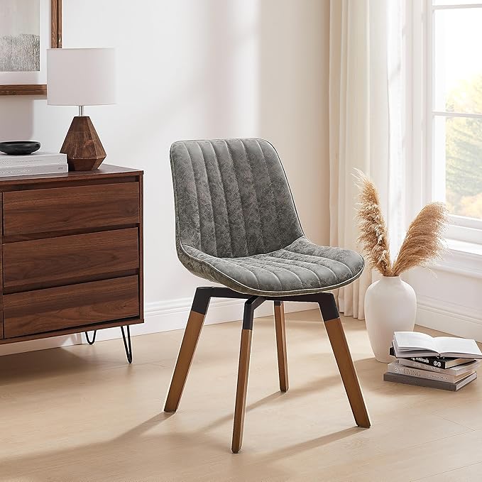 Art Leon Swivel Dining Chairs Set of 2, Mid Century Modern Kitchen Dining Room Chairs, Upholstered Faux Leather Armless Side Chair with Wood Legs for Living Room Bedroom, Gray