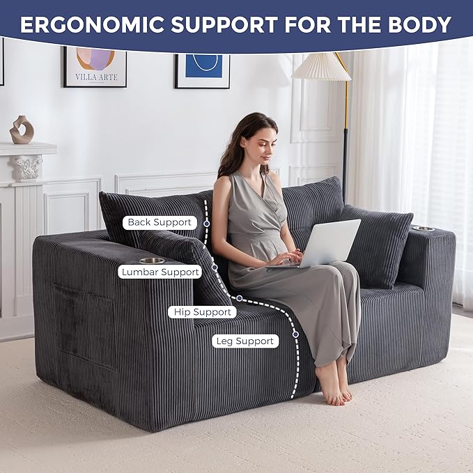 MAXYOYO Modular Sectional Sofa Couch, Loveseat Boneless Cloud Couch for Living Room, Sofa in A Box, Tufted Upholstered Cozy Chair with Cup Holders, No Assembly Required, Grey