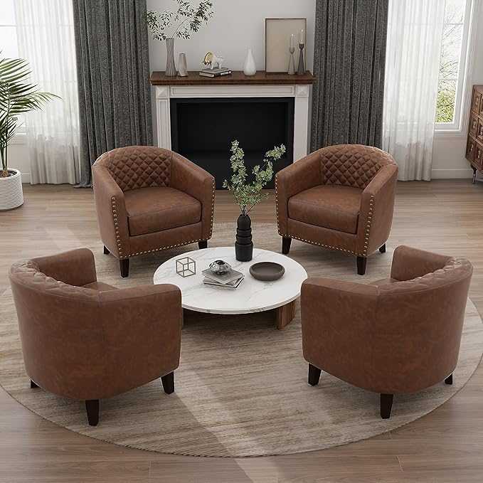 UIXE Faux Leather Barrel Accent Chairs Set of 6, Modern Club Upholstered Arm Chair, Comfy Armchair Nailed Trim Living Room Single Sofa Reading Seat Bedroom Side Sitting for Office, Brown