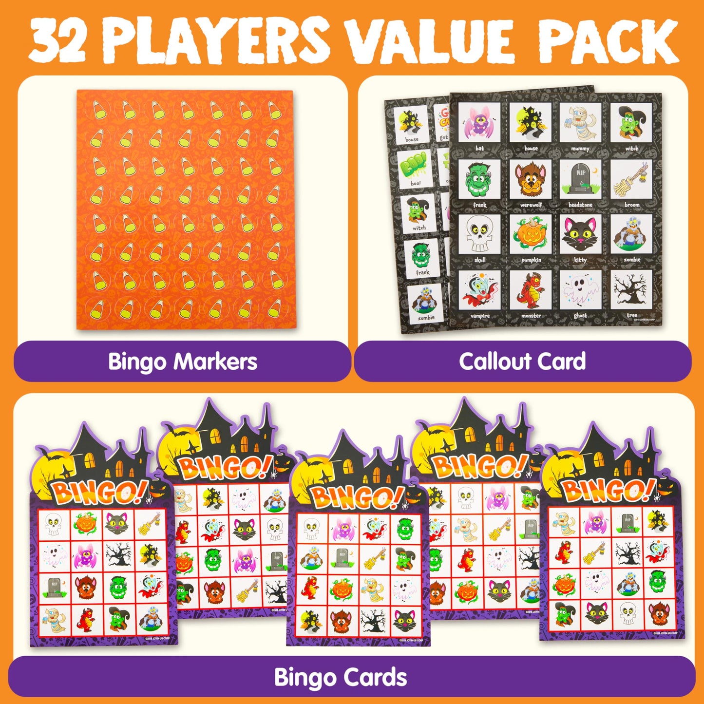 JOYIN 32 Players Halloween Bingo Game, Kids Bingo Cards Set for Large Group School Classroom Family Activities, Halloween Party Games, Halloween Party Supplies Card Game