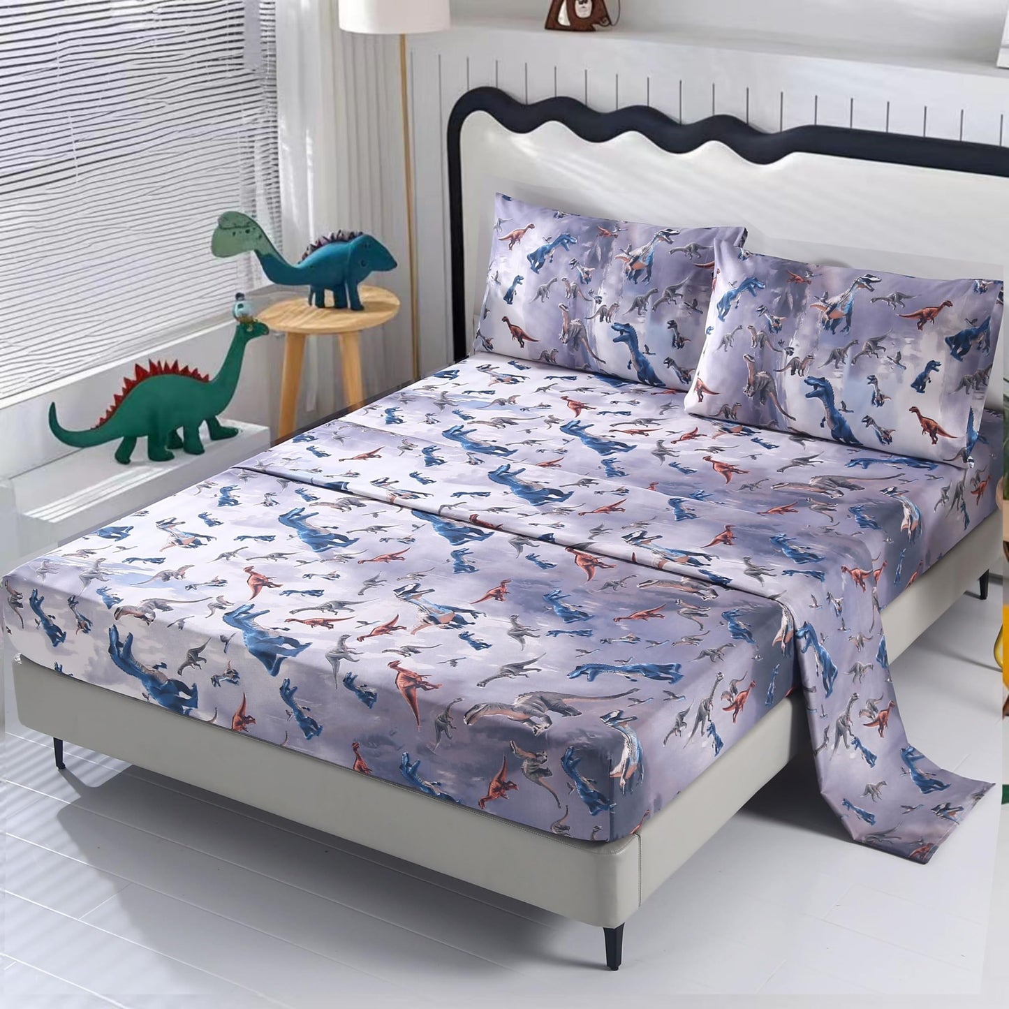 SDIII 4PCS Dark Dinosaur Twin Sheets Set, Soft Microfiber Dinosaur Sheets Twin Size, Cute Dino Bedding Sheet Set for Boys Girls Toddlers Kids and Teens