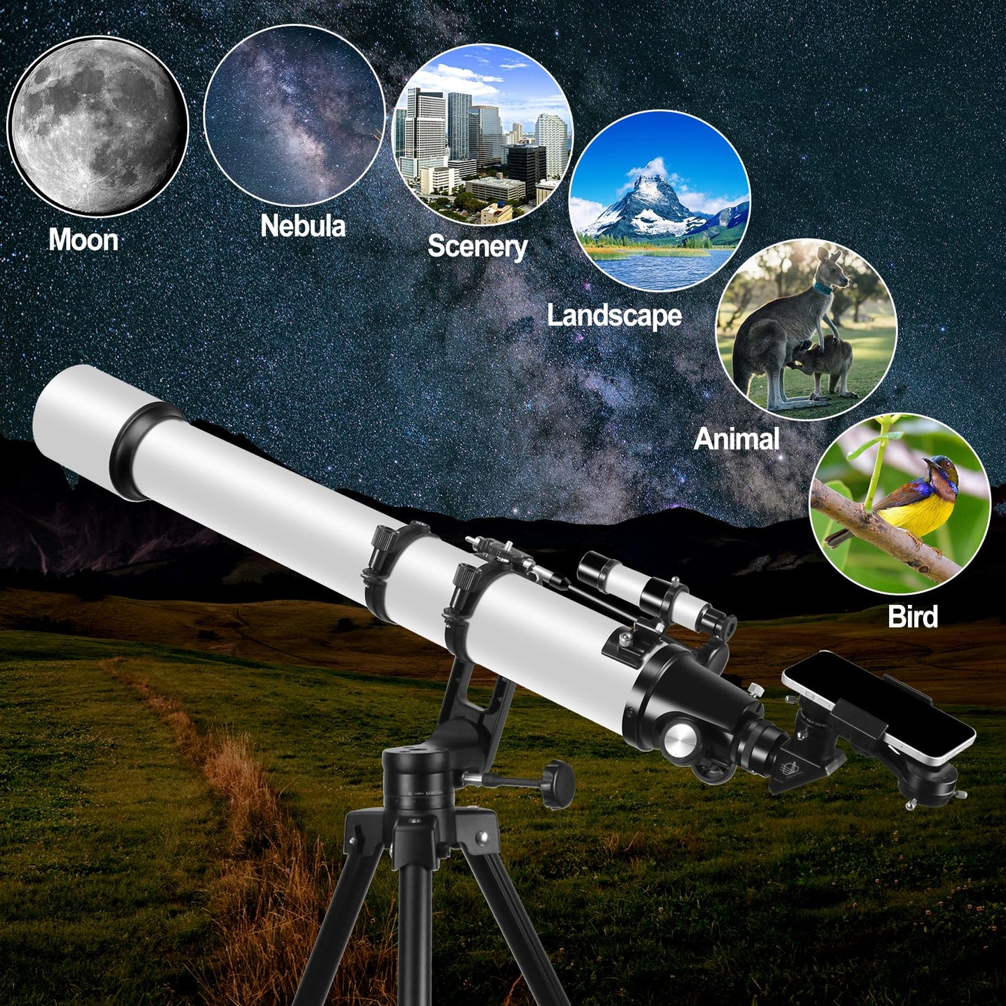 Telescope for Adults High Powered, 90mm Aperture 1000mm Refractor Telescopes for Adults Astronomy Telescopio with High Precision Adjustment, Ultra-Stable Vertisteel AZ Mount Base Tripod, Phone Adapte