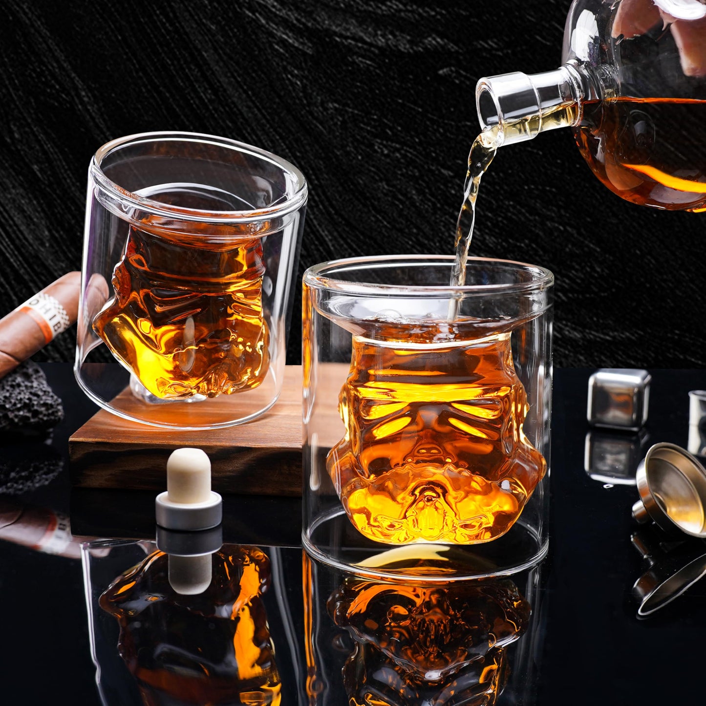Transparent Creative Whiskey Decanter Set with 2 Glasses, Funnel,Decanter Stone, Flask Carefe, for Wine, Scotch Whiskey, Bourbon Whiskey, Vodka, Spirits-750ml, Thickened, Gifts for Men
