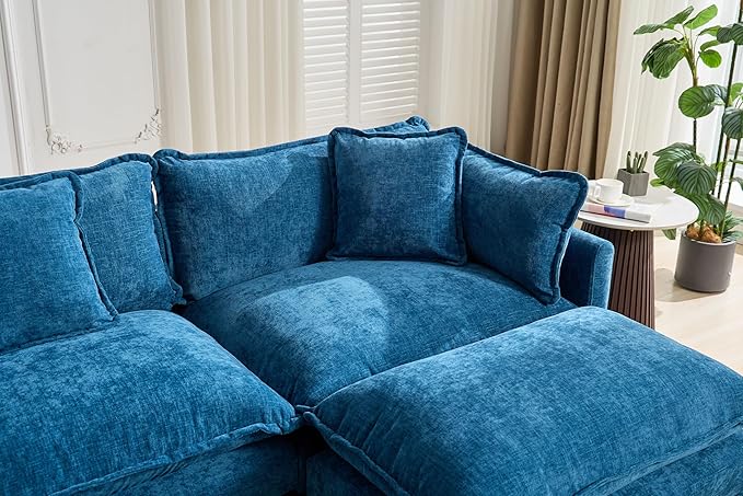 SoarFlash 149.61" Chenille Sectional Sofa, Comfy U Shaped Modular Coush Sofa with Ottoman, Modern 4 Seat Couch Deep Seat Sofa Set for Living Room,Blue