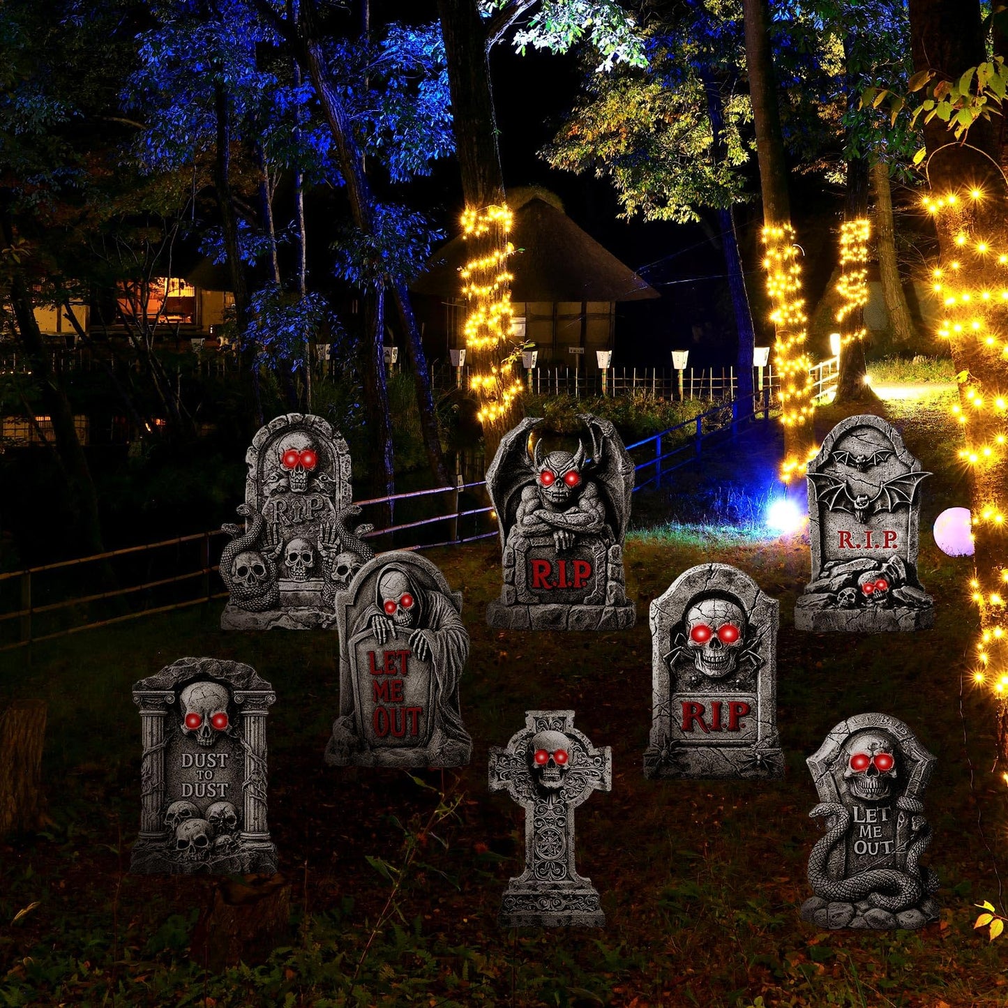 Memorywuu 8 Pcs 16" Halloween Tombstones Outdoor Decorations Gravestone Headstone Yard Signs with Stakes LED Eyes Scary Skeleton RIP Graveyard Cemetery Decor for Halloween Home Party Lawn Garden