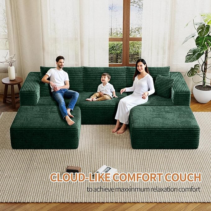 Fancyfire 108" Cloud Modular Sectional Couch with 2 Ottoman,Ultimate Comfort U-Shaped Deep Seat Sofa,Boneless Couch Upholstered 3-Seater Sofas for Living Room, No Assembly Required(Green)